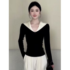 批发撞色拼接V领长袖女2026秋季<b class='q'>新款</b>打底衫上衣➕裤子套装