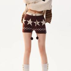 批发美式复古费尔岛星星提花针织短裤女秋冬新款辣妹系带高腰<b class='q'>打底裤</b>子
