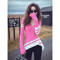 批发撞色<b class='q'>不规则</b>时尚长袖<b class='q'>针织衫</b>新款辣妹打底衫修身V领上衣