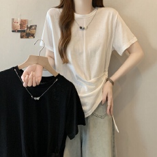 批发大码2025夏季新胖MM纯色褶皱收腰下摆不规则设计感小众百搭<b class='q'>T</b><b class='q'>血</b>女