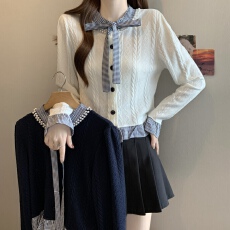 批发小香风重工钉珠针织开衫毛衣女<b class='q'>秋</b>冬大码胖mm设计感短款蝴蝶结上衣