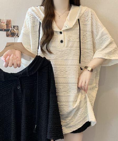 여름 새로운 지방 mm 느긋한 바람 후드 긍정적 인 어깨 디자인 센스 루즈핏 표지 고기 슬림해 보이는 다용도 중간 길이 맨위 여성