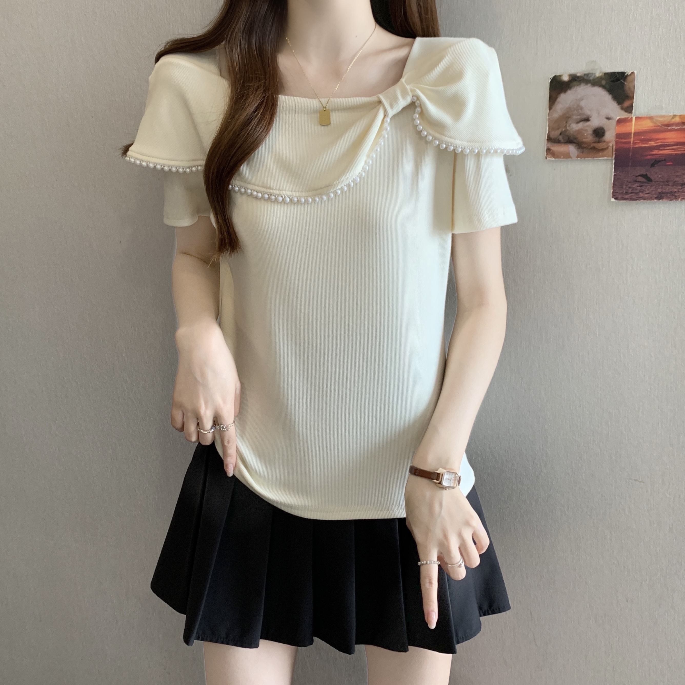 여름 새로운 지방 mm 달콤한 스타일 광장 칼라 나비 매듭 진주 패치워크 디자인 센스 패션 슬림해 보이는 외국 가스 맨위 여성