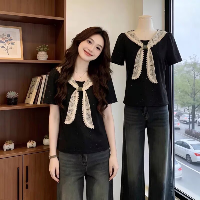 프랑스식 레이스 나비 매듭 반팔 티셔츠 기본 셔츠 여성 여름 빅 사이즈 지방 mm 슬림해 보이는 디자인 센스 스팽글 맨위