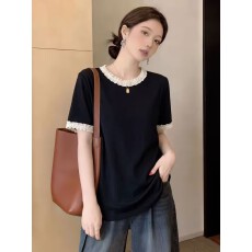 批发法式复古花边拼接假两件短袖T恤女夏季大码胖mm时尚气质显瘦上衣