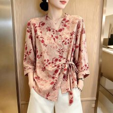 批发大码女装2026新款法式V领印花衬衫女七分袖收腰绑带气质上衣女