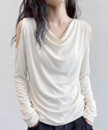2026 새로운 이른 가을 빅 사이즈 지방 mm 표지 고기 슬림해 보이는 디자인 센스 흔들다 칼라 오프숄더 다용도 긴팔 티셔츠 맨위 여성