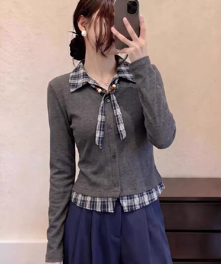 2026 가을 새로운 빅 사이즈 지방 mm 패치워크 레이스업 체크무늬 POLO 칼라 슬림해 보이는 몸매 가꾸기 디자인 센스 다용도 맨위