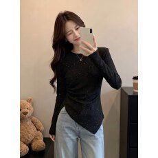 批发韩系圆领不规则褶皱收腰上衣女<b class='q'>春</b>季大码胖妹妹百搭气质显瘦打底衫