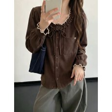 批发复古美拉德木耳边领系带泡泡袖衬衫<b class='q'>秋</b>季大码胖mm撞色花边显瘦小衫