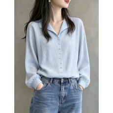 批发法式蓝色翻领条纹衬衫女长袖2026早秋新款百搭气质设计感时尚上衣