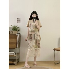 批发实拍<b class='q'>大码</b>女装2026夏季新款法式轻奢复古洋气蕾丝拼接假两件连衣裙