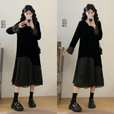 批发实拍大码女装2025秋季新款法式赫本风洋气宽松显瘦胖MM丝绒连衣裙