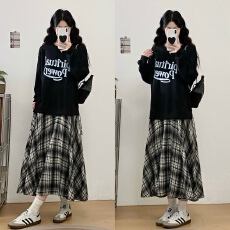 批发实拍大码女装2025秋季新款胖MM宽松显瘦格纹拼接假两件卫衣<b class='q'>连衣裙</b>