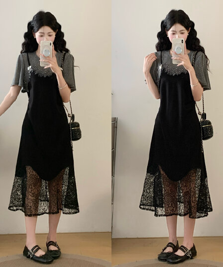 실사 빅 사이즈 여성 의류 2026 여름 새로운 프랑스식 빛 럭셔리 품격 레이스 조각 지방 mm 슬림해 보이는 드레스