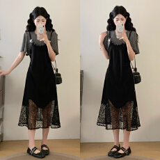 批发实拍大码女装2026夏季新款法式轻奢气质蕾丝拼接胖MM显瘦连衣裙
