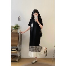 批发实拍大码女装2026夏季新款时尚休闲拼接压褶裙摆宽松显瘦连衣裙