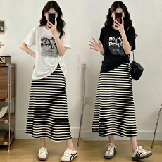 批发实拍大码女装2026夏季新韩版百搭字母上衣+<b class='q'>条纹</b>吊带<b class='q'>连衣裙</b>两件套