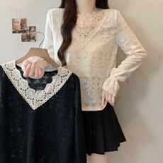 批发实拍大码胖mm重工刺绣V领蕾丝衫小众设计感气质打底衫上衣