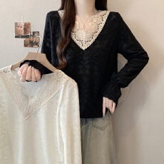 批发实拍大码胖mm重工刺绣V领蕾丝衫小众设计感气质打底衫上衣