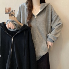 批发<b class='q'>实拍</b>2610胖mm简约慵懒风加绒加厚拉链休闲开衫连帽卫衣中长款外套