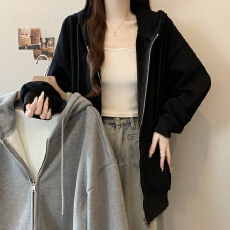 批发<b class='q'>实拍</b>胖mm简约慵懒风加绒加厚休闲开衫外套连帽拉链卫衣