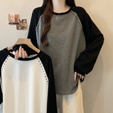 批发实拍2591胖mm显瘦长袖T恤拼接设计感撞色卫衣正肩秋<b class='q'>冬</b>打底衫上衣