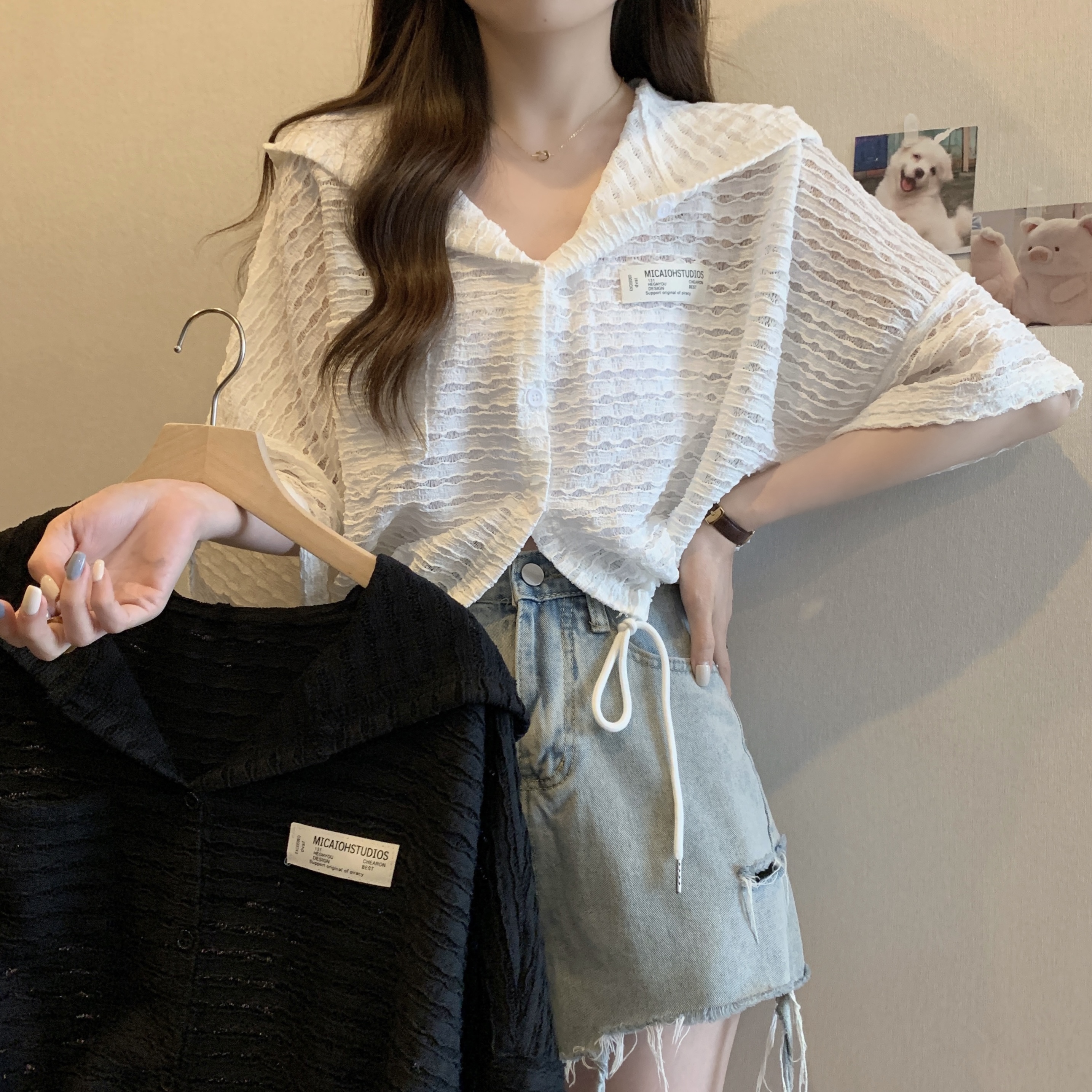 실사 빅 사이즈 여성 의류 루즈핏 캐주얼 펌프 로프 허리 단추 맨위 후드 쇼트 스타일 자외선 차단 외투