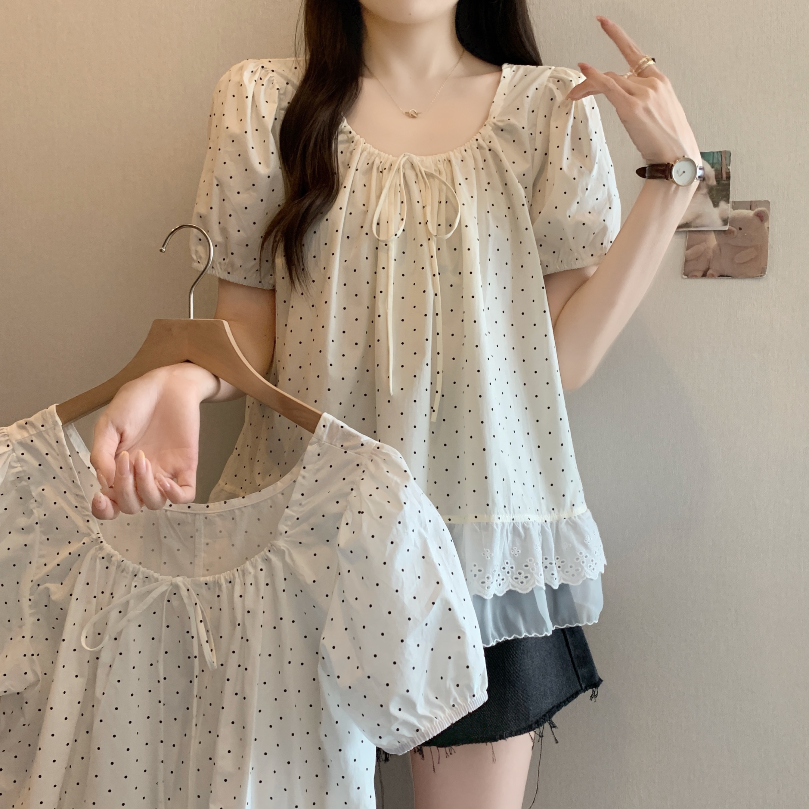 실사 2531 빅 사이즈 여성 의류 프랑스식 광장 칼라 거품 소매 셔츠 품격 달콤함 디자인 센스 도트 무늬 반팔 맨위