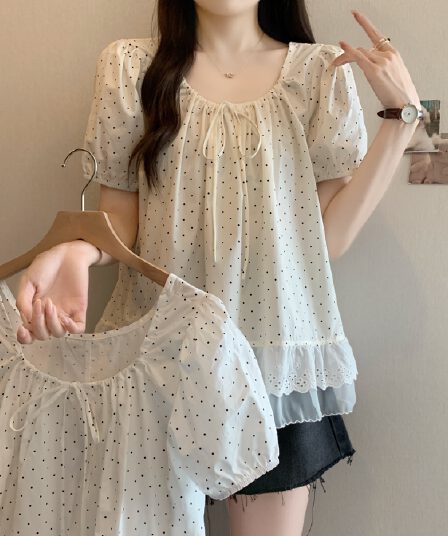 실사 2531 빅 사이즈 여성 의류 프랑스식 광장 칼라 거품 소매 셔츠 품격 달콤함 디자인 센스 도트 무늬 반팔 맨위