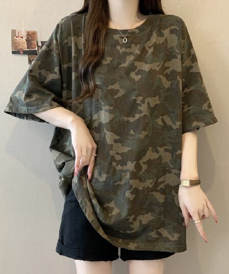 실사 2801# 빅 사이즈 지방 mm 아메리칸 레트로 카모플라주 공예 대 에디션 티셔츠 핫걸 디자인 센스 루즈핏 맨위