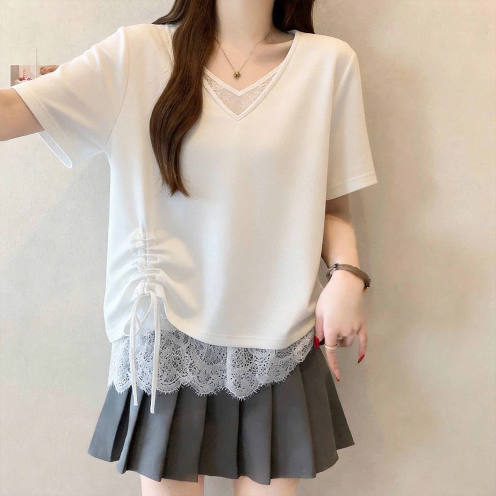 실사 2802 빅 사이즈 패치워크 레이스 페이크 레이어드 V넥 반팔 티셔츠 지방 mm 슬림해 보이는 불규칙 디자인 센스 맨위