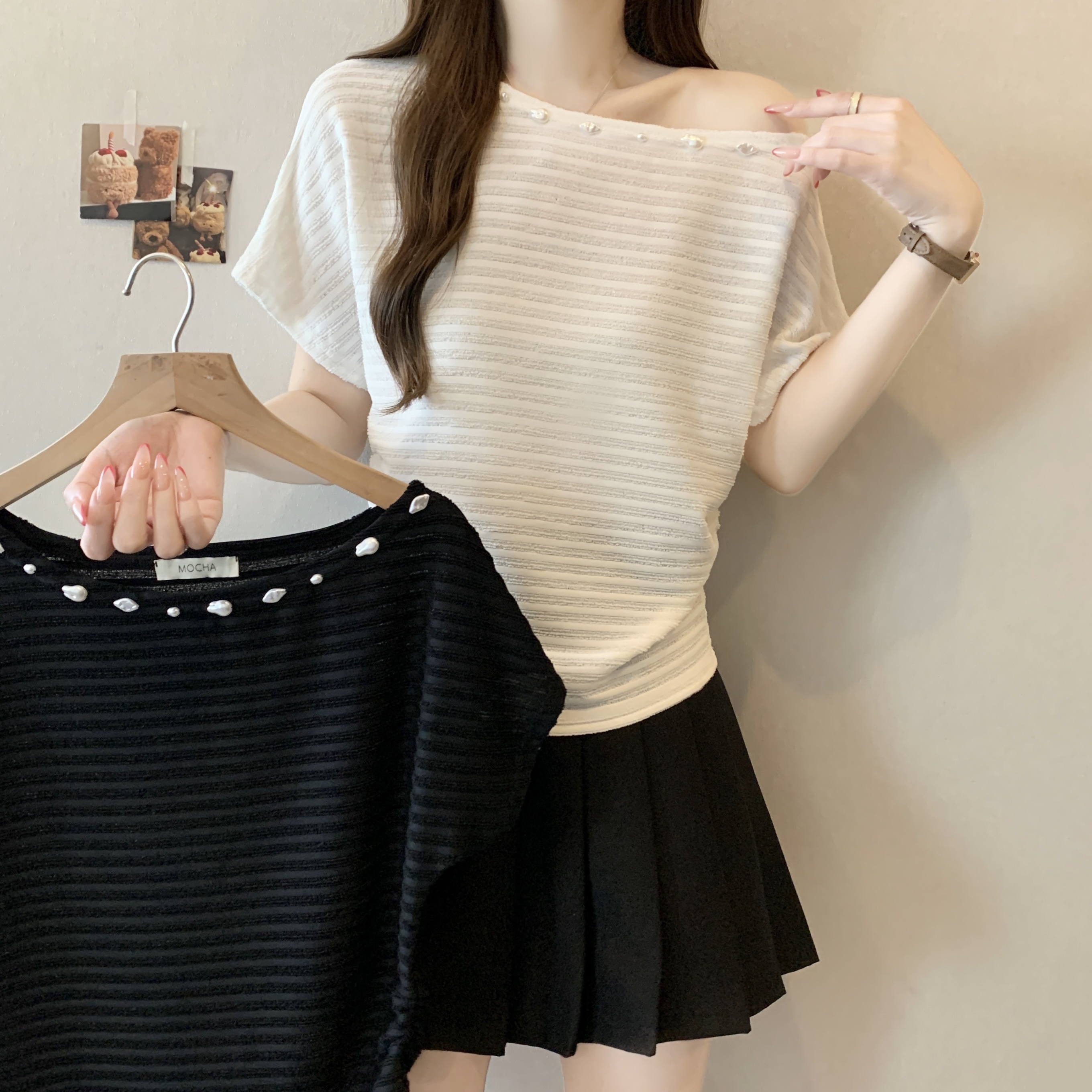 실사 빅 사이즈 지방 mm 고유 한 품격 질감 센스 비스듬한 어깨 의류 보트넥 오프숄더 슬림해 보이는 반팔 티셔츠