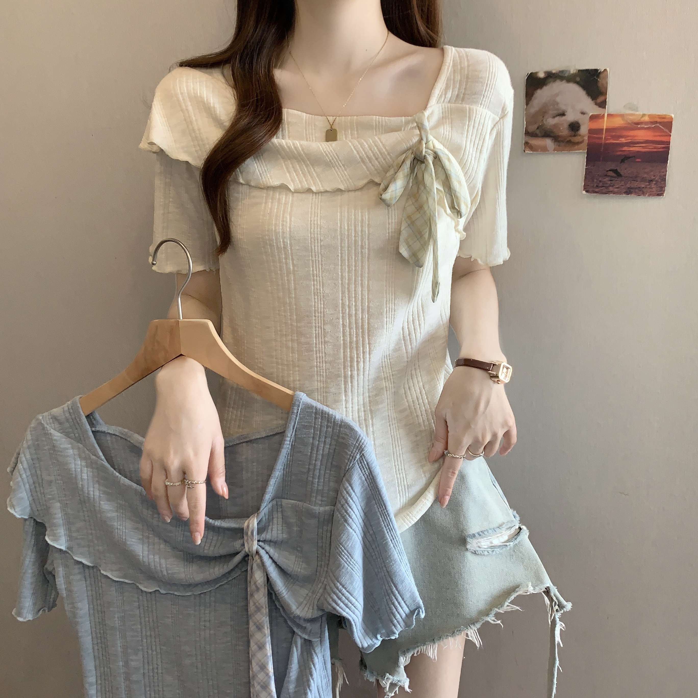 실사 2805# 빅 사이즈 마이크로 지방 mm 미니멀리즘 다용도 나비 매듭 반팔 티셔츠 비스듬한 칼라 스트랩 펌프 로프 맨위