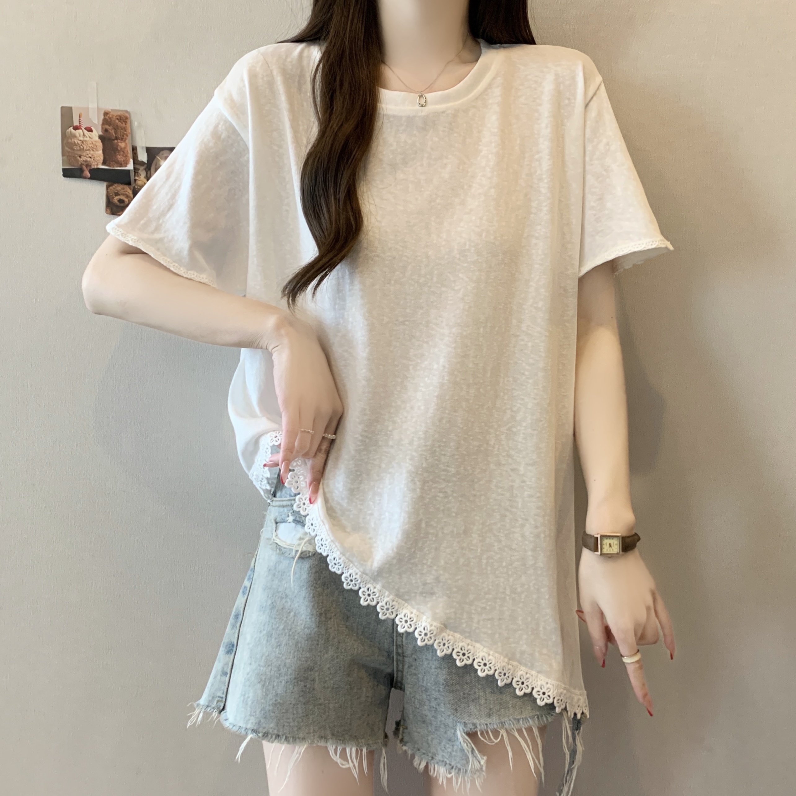 실사 2806# 빅 사이즈 마이크로 지방 캐주얼 작은 대중 레이스 조각 반팔 티셔츠 패션 불규칙 슬림해 보이는 맨위