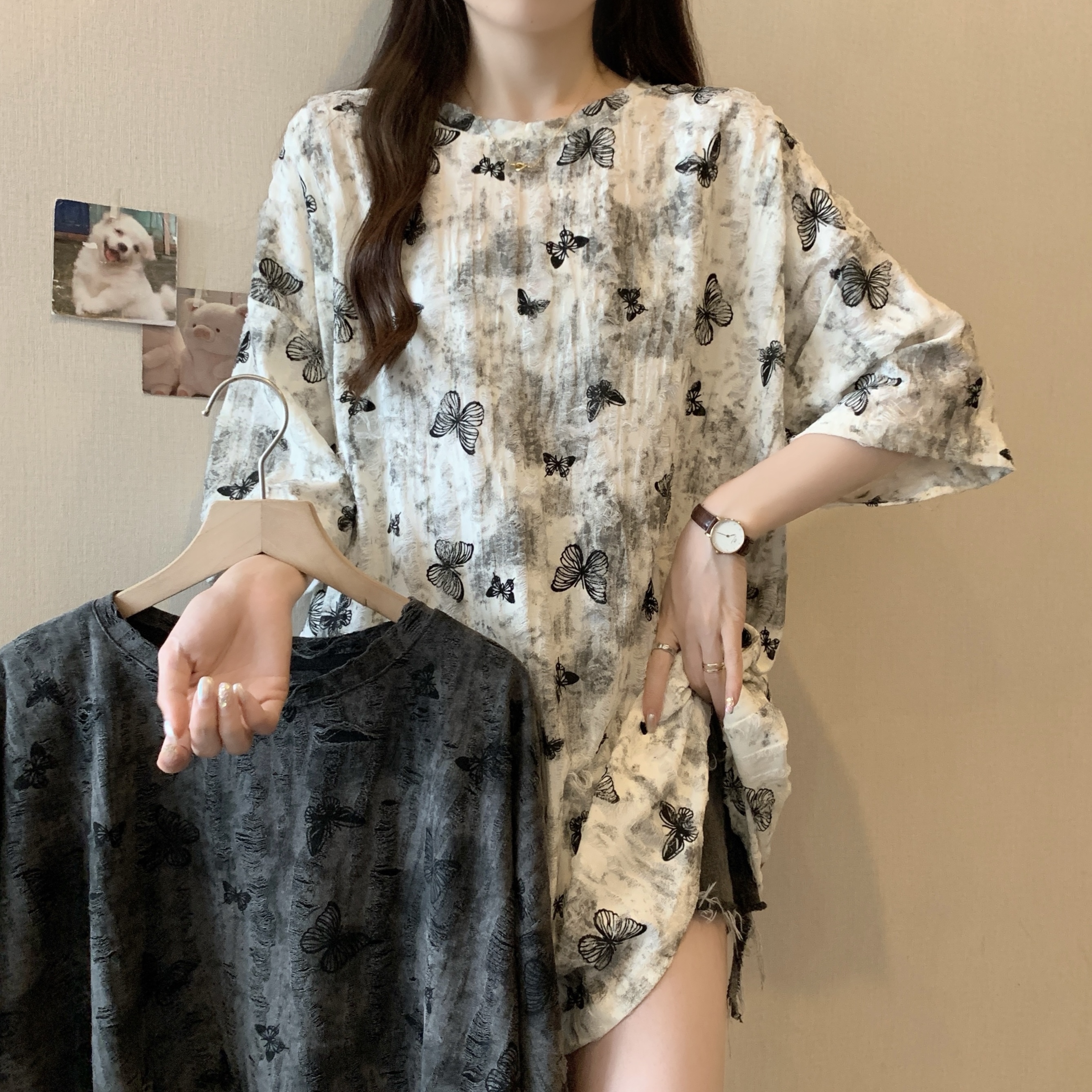 실사 2191# 빅 사이즈 지방 mm 루즈핏 슬림해 보이는 홀치기 염색 중간 길이 반팔 티셔츠 품격 미니멀리즘 다용도 맨위