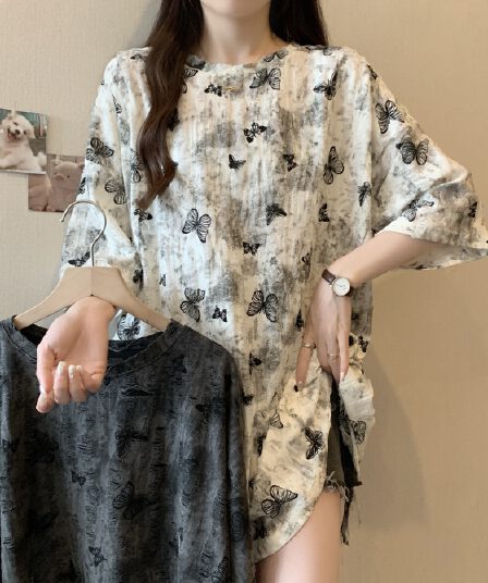 실사 2191# 빅 사이즈 지방 mm 루즈핏 슬림해 보이는 홀치기 염색 중간 길이 반팔 티셔츠 품격 미니멀리즘 다용도 맨위
