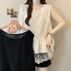 批发实拍<b class='q'>大码</b>女装时尚百搭甜美无袖背心蕾丝拼接中长款休闲上衣