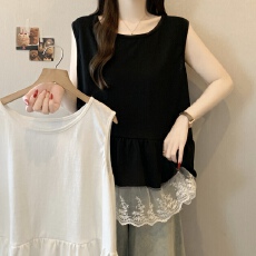 批发实拍<b class='q'>大码</b>女装时尚百搭甜美无袖背心蕾丝拼接中长款休闲上衣