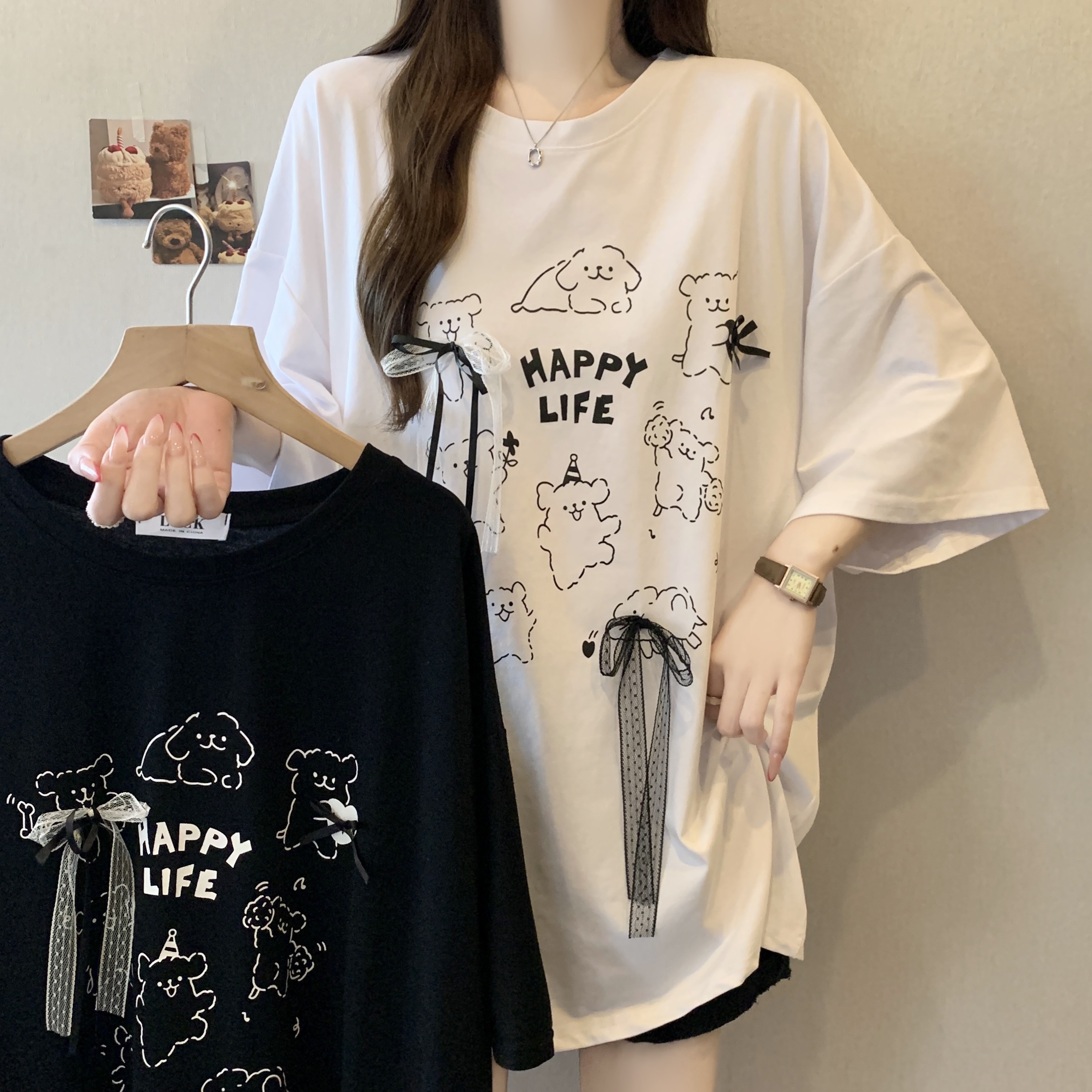 실사 빅 사이즈 지방 mm 재미있는 강아지 프린트 반팔 티셔츠 루즈핏 빅 보드 캐주얼 다용도 슬림해 보이는 맨위