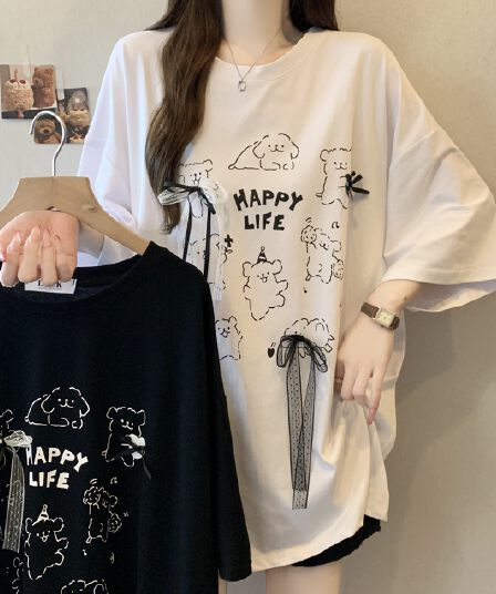 실사 빅 사이즈 지방 mm 재미있는 강아지 프린트 반팔 티셔츠 루즈핏 빅 보드 캐주얼 다용도 슬림해 보이는 맨위