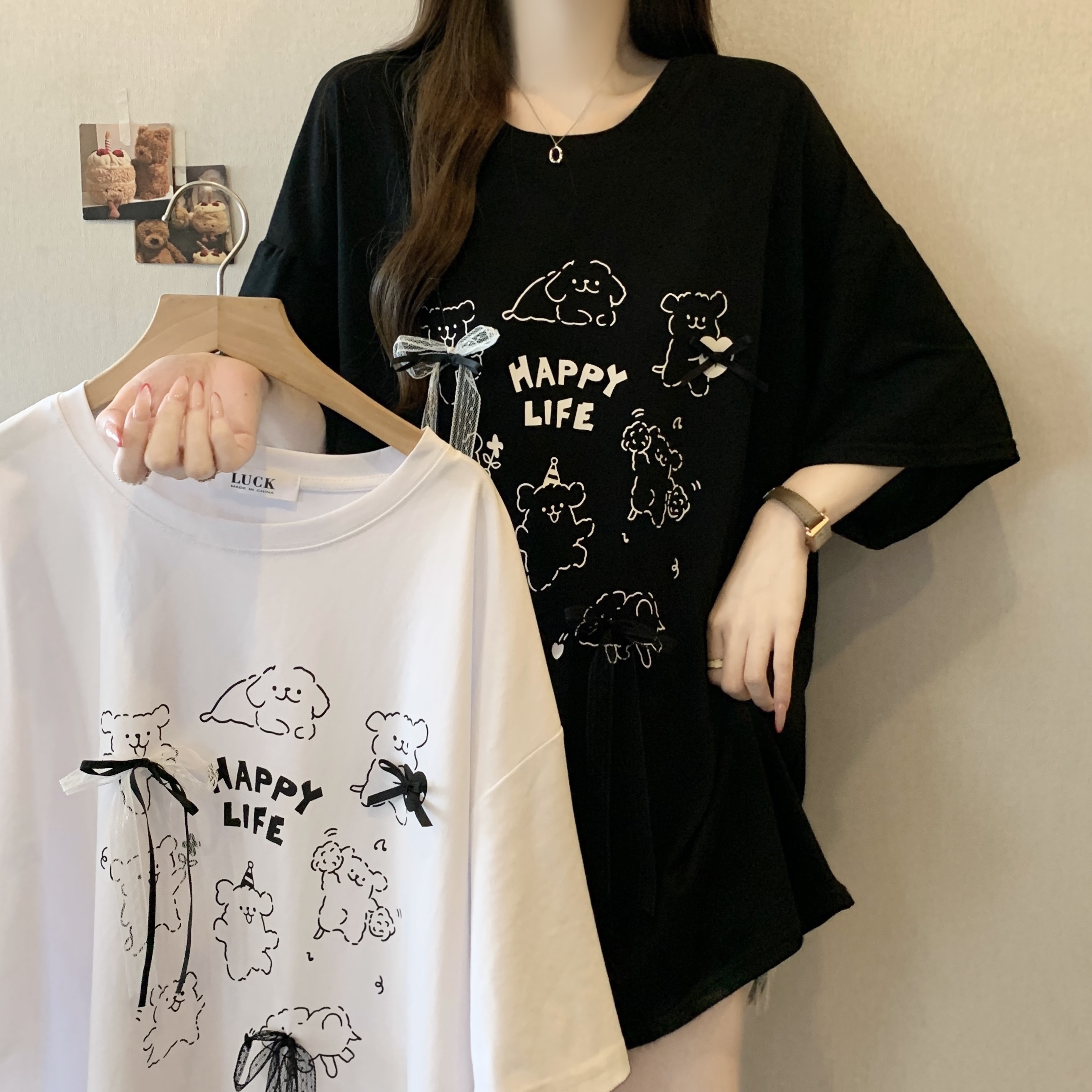 실사 빅 사이즈 지방 mm 재미있는 강아지 프린트 반팔 티셔츠 루즈핏 빅 보드 캐주얼 다용도 슬림해 보이는 맨위