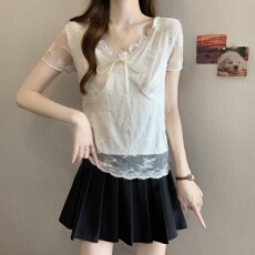 批发实拍微胖mm纯欲风衬衫V领蕾丝蝴蝶结辣妹短袖小衫上衣T恤