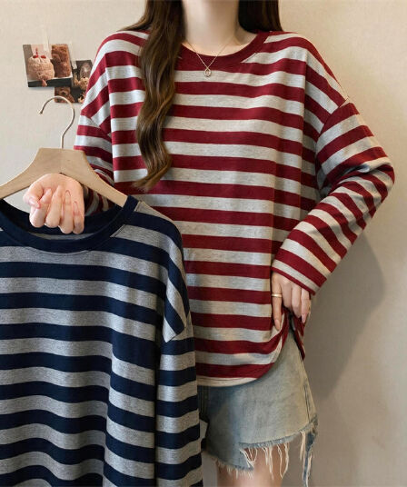 실사 2823# 빅 사이즈 지방 mm 루즈핏 라운드 넥 레트로 스트라이프 긴팔 티셔츠 느긋한 느슨함 센스 기본 셔츠 맨위