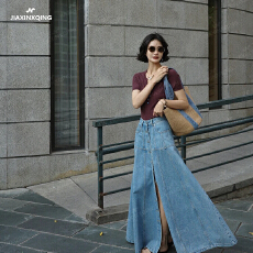 批发港风文艺蓝色气质高腰显瘦牛仔单排竖扣<b class='q'>半身裙</b>设计款