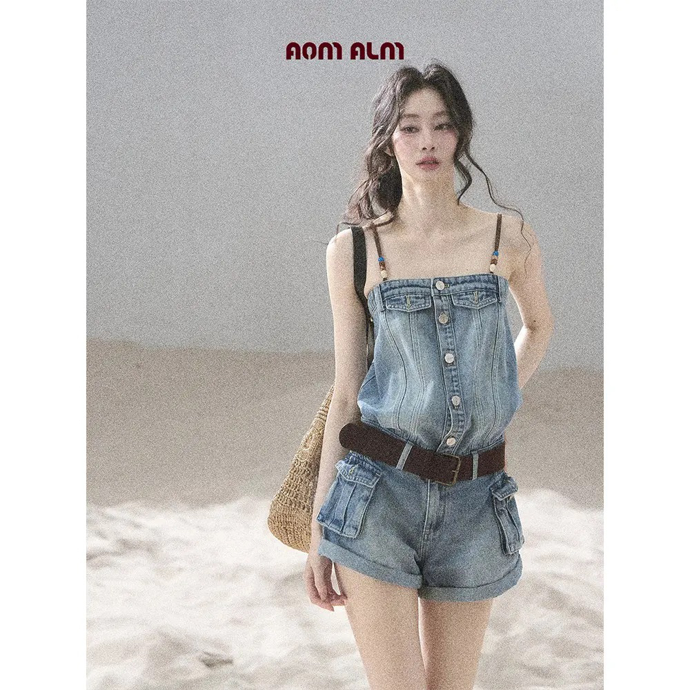 이동 해변가 걷기 아메리칸 데님 점프 슈트 여름 원피스 반바지 워크웨어 점프 슈트 바지