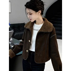 批发2025<b class='q'>新款</b>上新女装咖色翻领皮毛一体加绒加厚短款羊羔毛<b class='q'>外套</b>女冬季