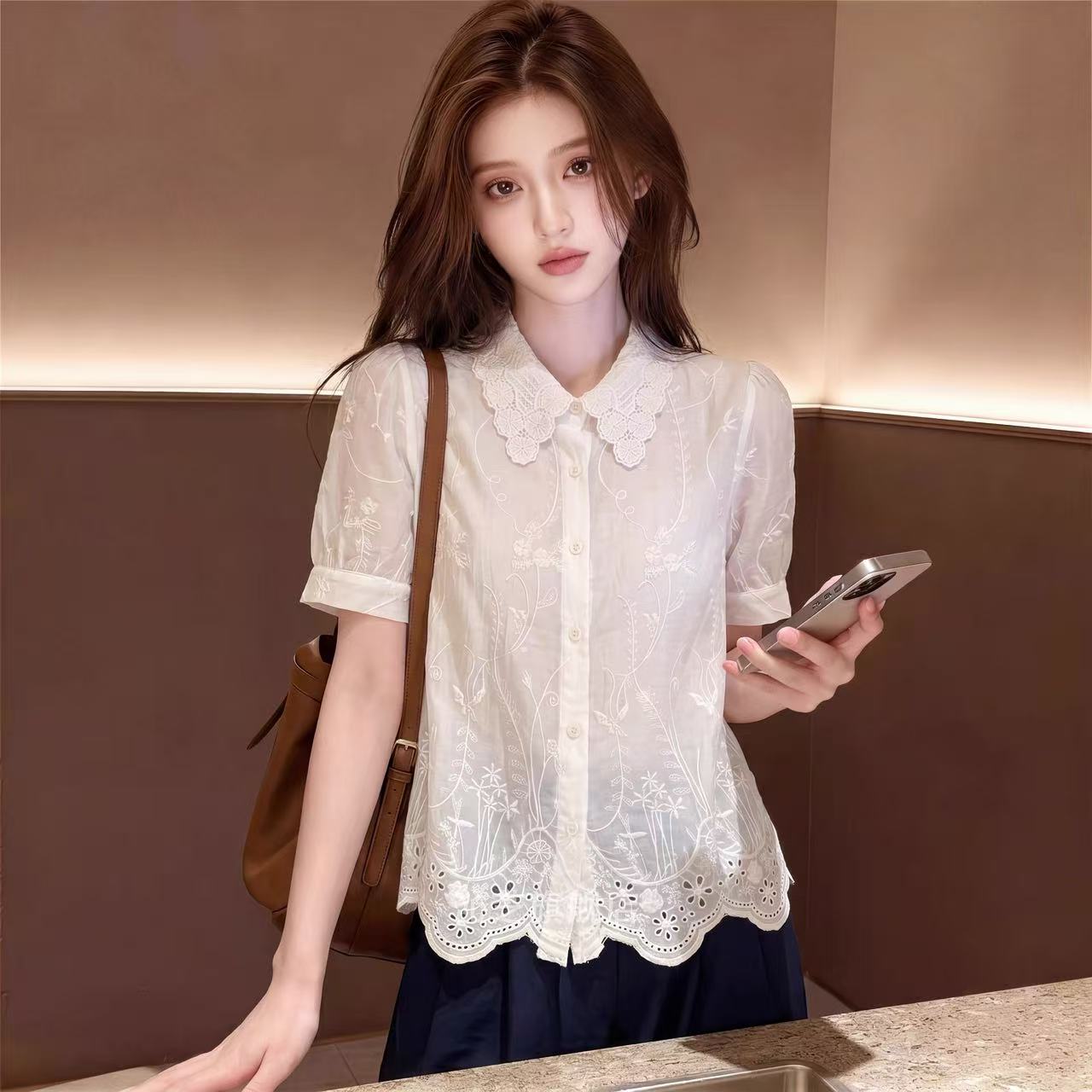 RY8155# 镂空刺绣蕾丝polo领短袖衬衫女夏韩系甜美高级感轻奢减龄洋气衬衣