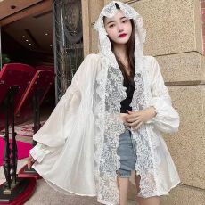 批发白色蕾丝连帽防晒衣女夏季薄款高级感气质宽松甜美开衫防晒服外套