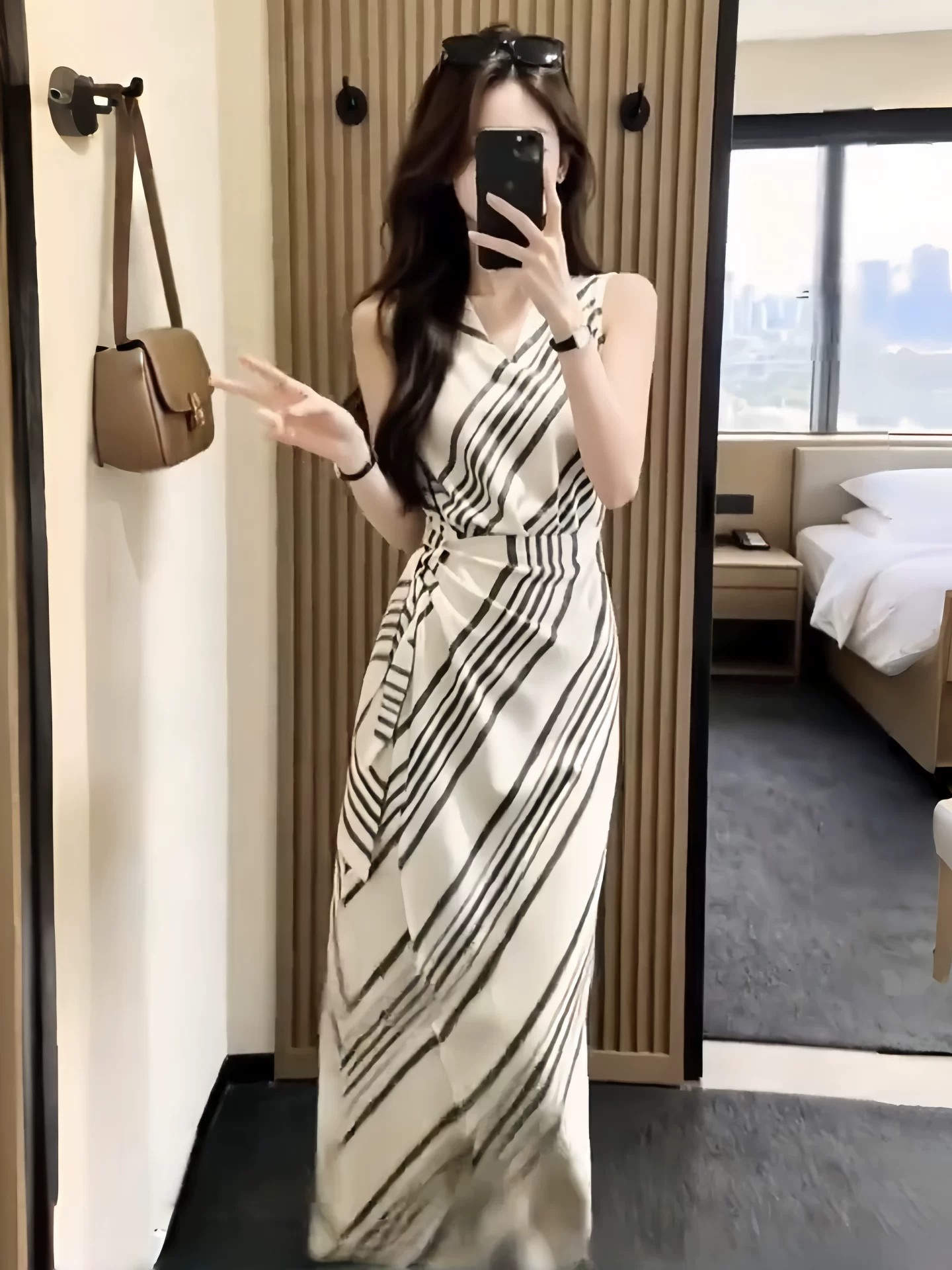 RY8160# 时尚条纹连衣裙女装夏季2026新款气质显瘦收腰裙时髦绑带无袖长裙